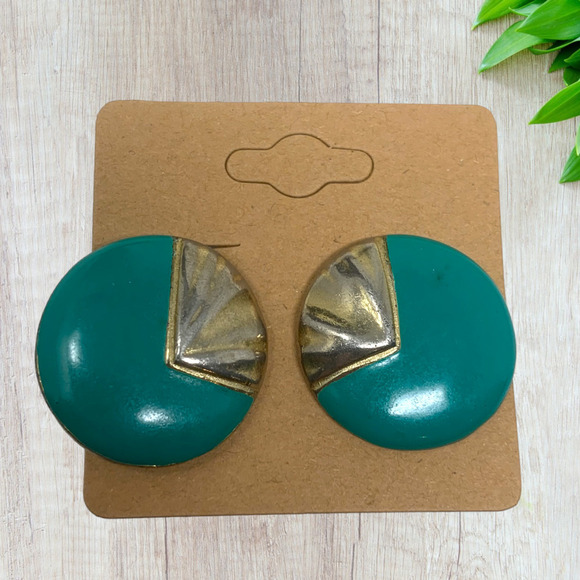 Vintage 1980's Teal Enamel Clip On Button Earrings Avant Garde New Wave Punk - Picture 5 of 5